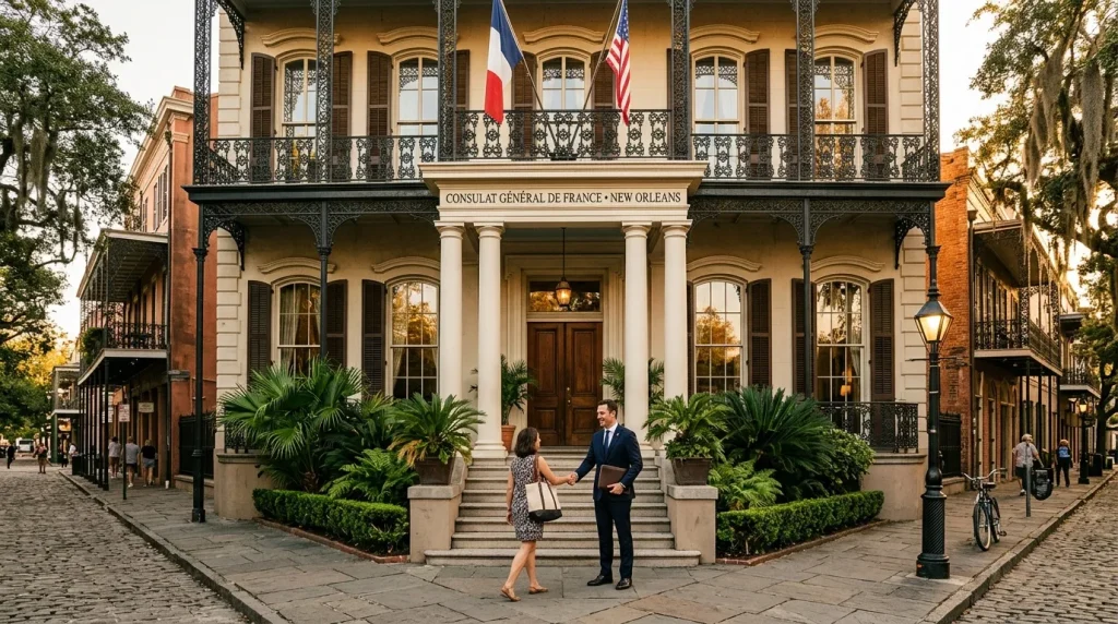 Façade du consulat français avec drapeaux à la Nouvelle-Orléans