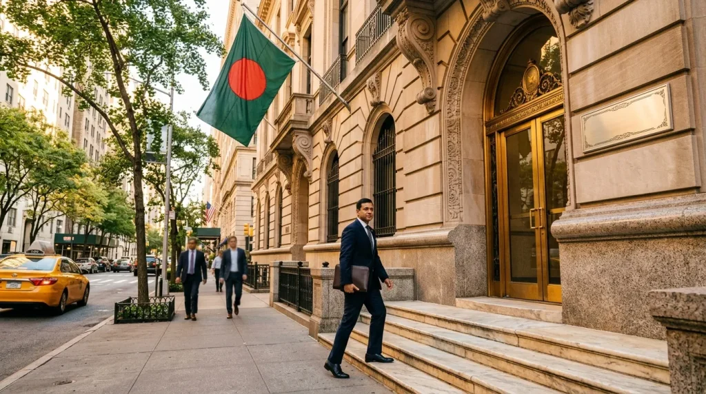 Homme devant bâtiment avec drapeau bangladais à Manhattan