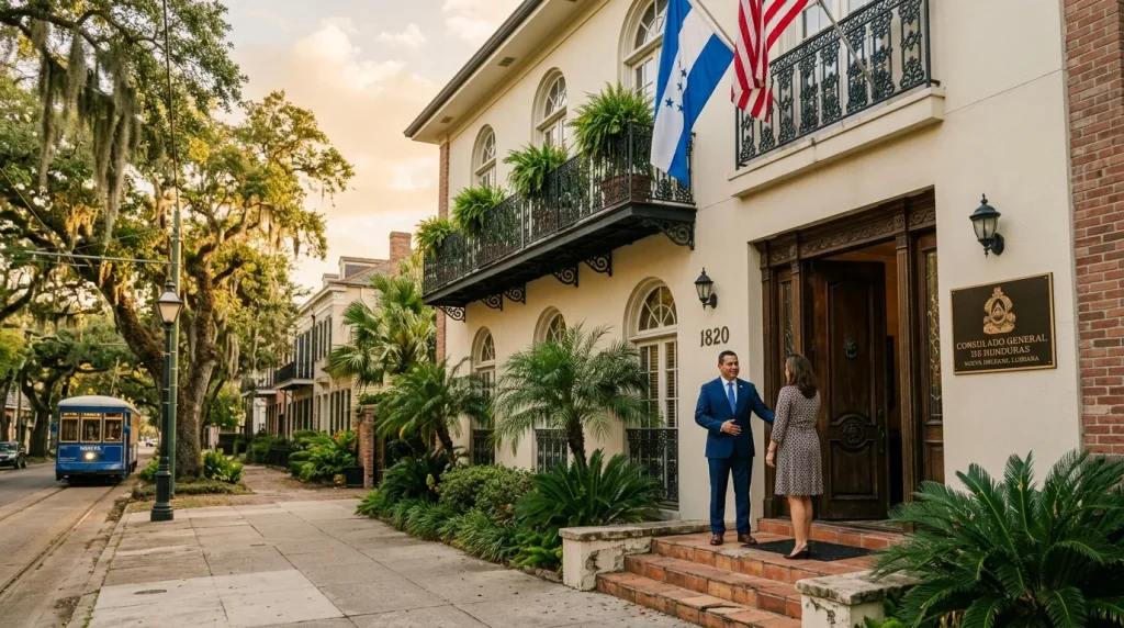 Bâtiment colonial avec drapeaux, deux personnes à l'entrée