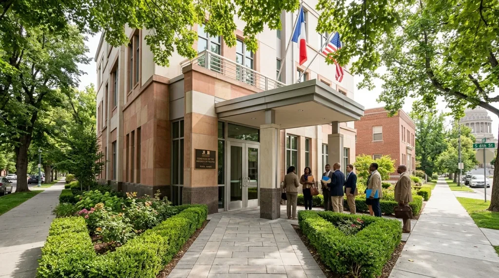 Bâtiment consulat français avec drapeaux, entrée et visiteurs
