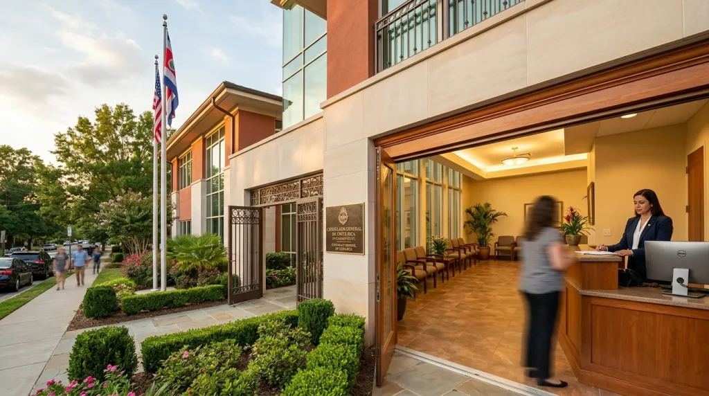Entrée d'un consulat avec drapeaux, réception et jardin paysagé