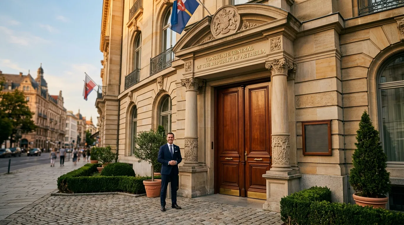 Homme devant le consulat général d'Autriche, architecture élégante parisienne