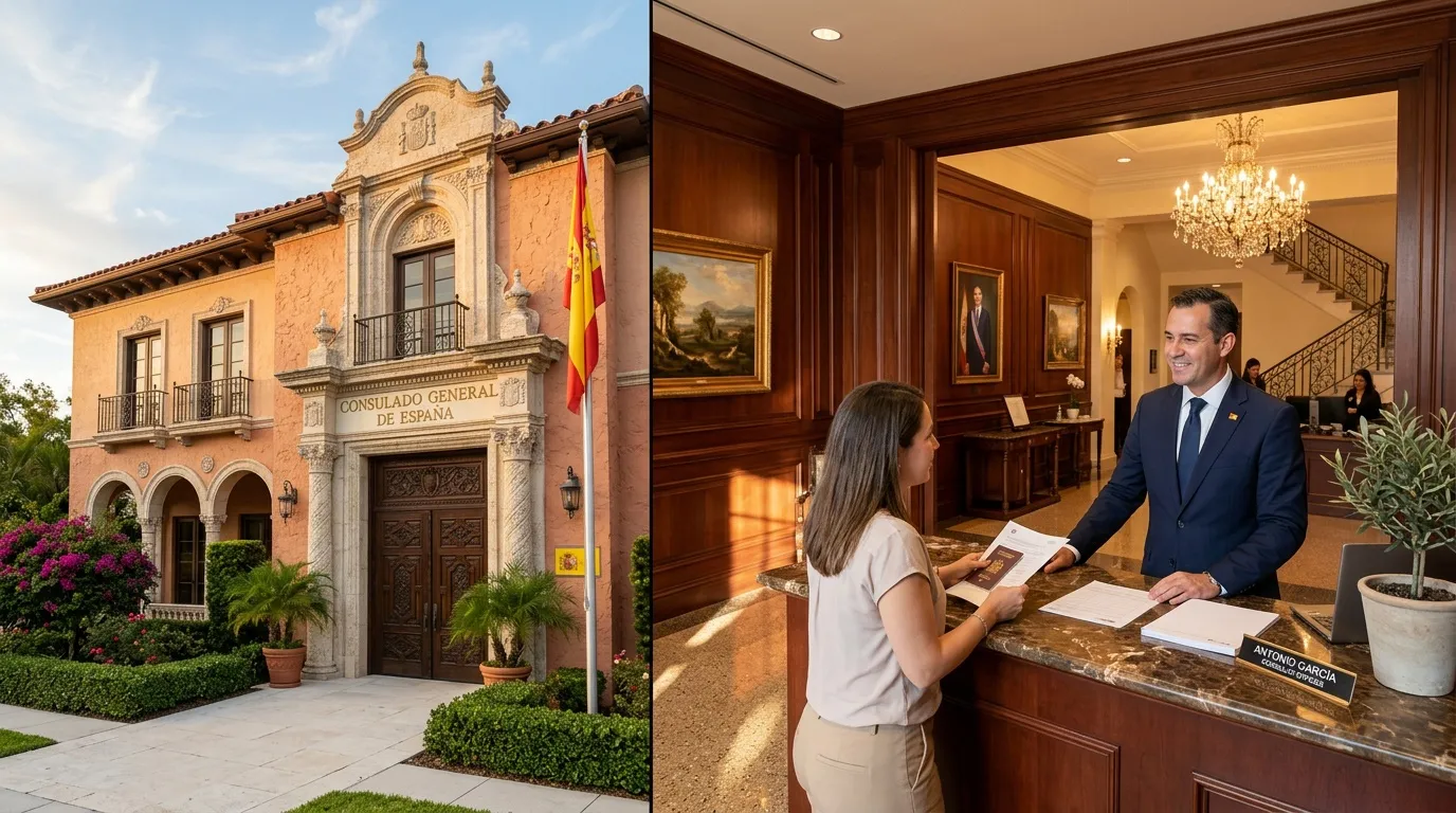 Bâtiment consulaire espagnol et intérieur avec accueil officiel