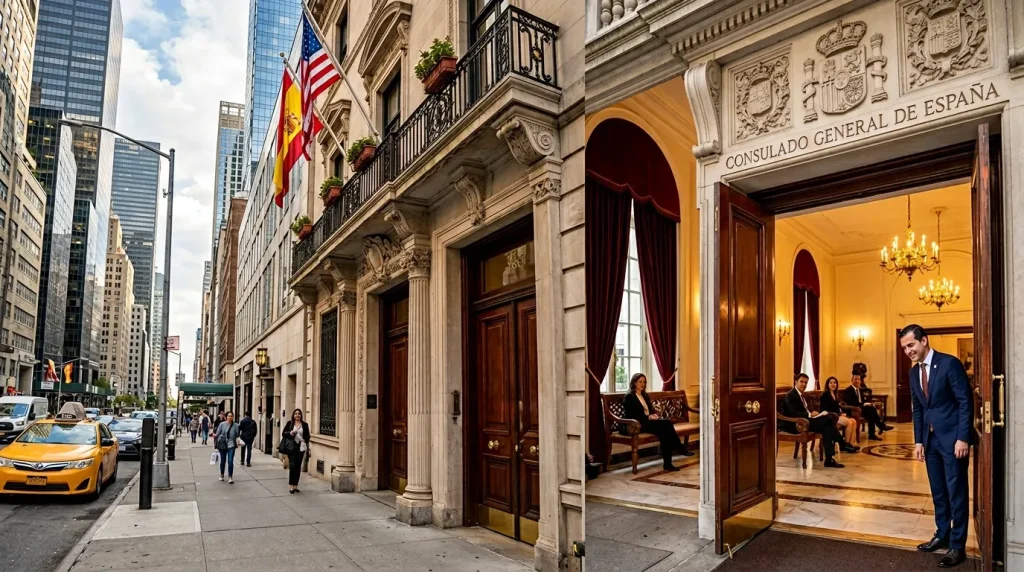 Façade du Consulado General de España à Manhattan avec drapeaux américain et espagnol