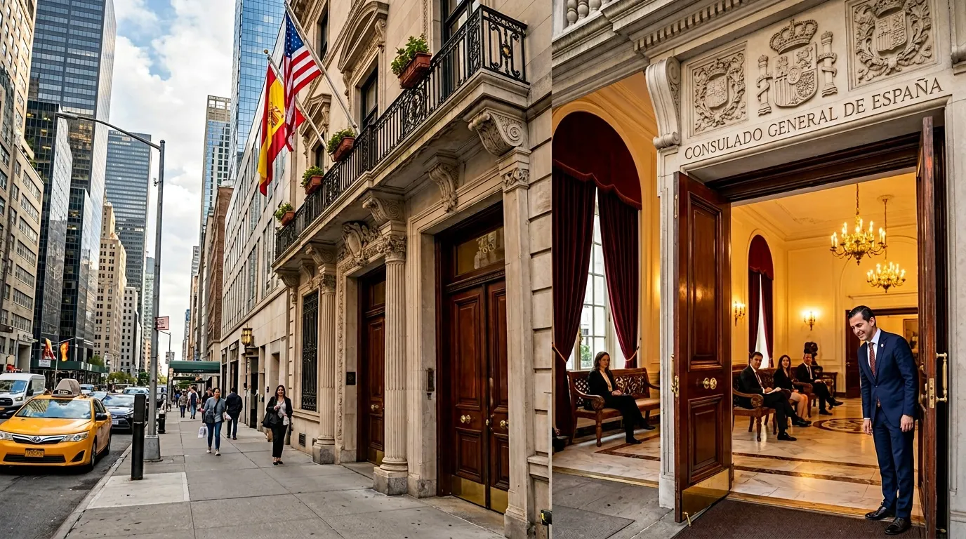 Façade du Consulado General de España à Manhattan avec drapeaux américain et espagnol