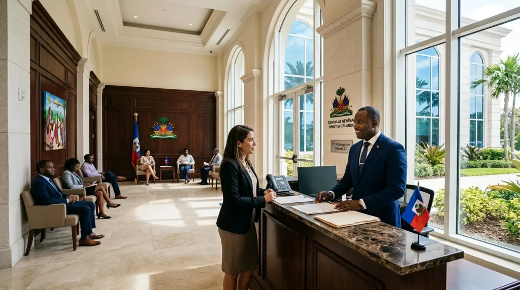 Réception consulaire avec diplomate et visiteurs attendant.
