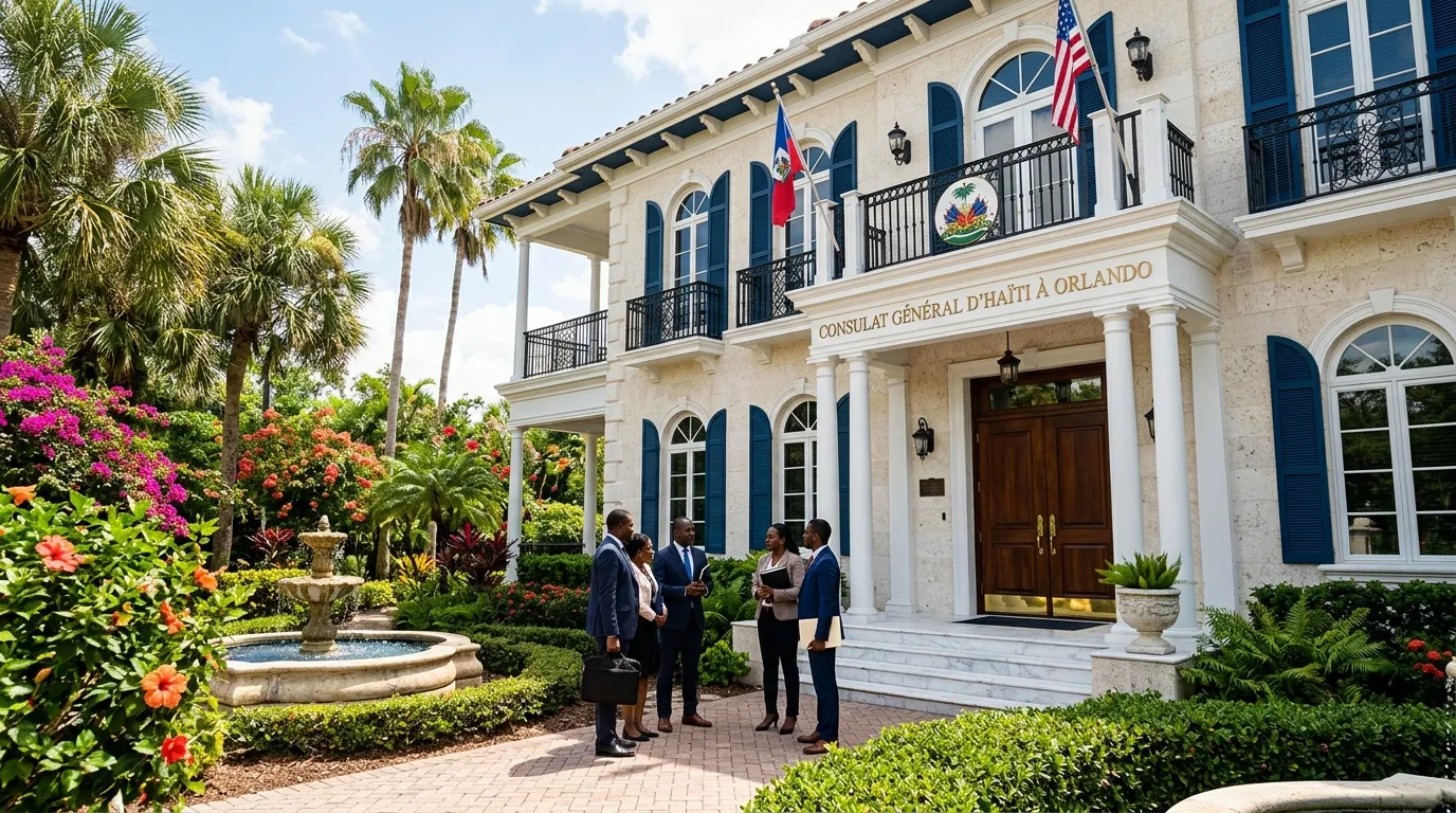 Bâtiment blanc colonial avec drapeaux, visiteurs en costume devant l'entrée