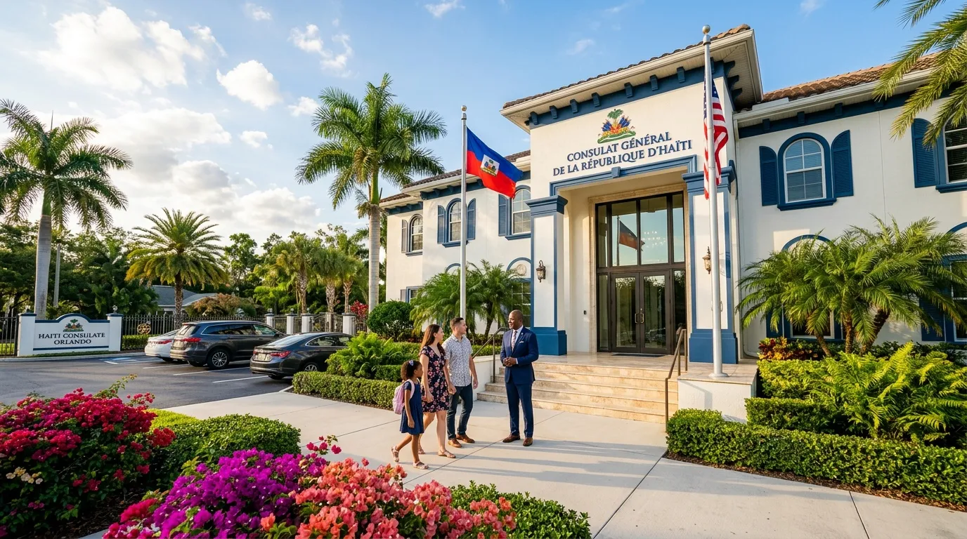 Bâtiment blanc du consulat haïtien avec drapeaux et palmiers.