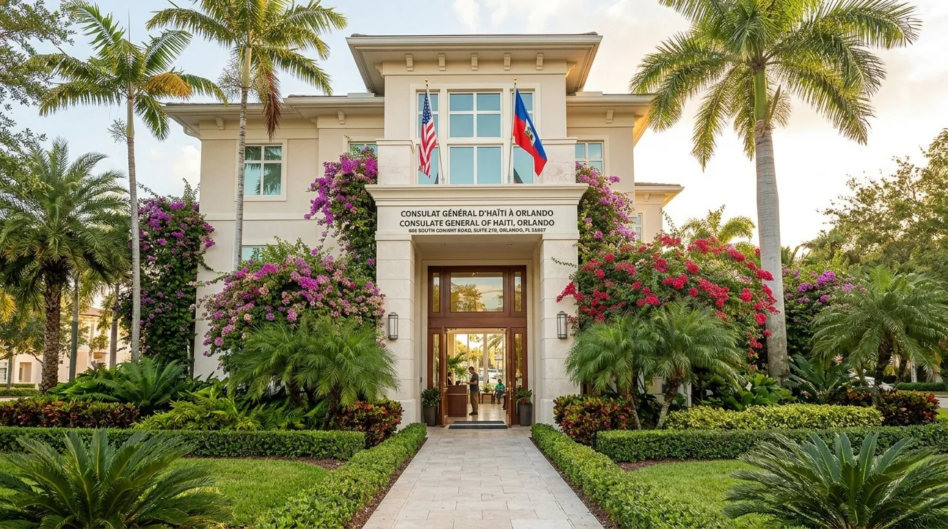 Bâtiment blanc avec drapeaux, fleurs roses et palmes