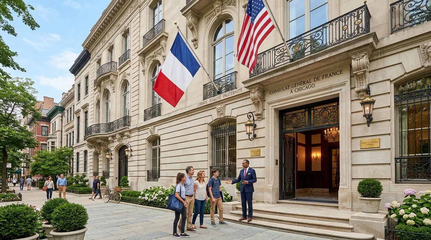 Façade du consulat français avec drapeaux américain et français