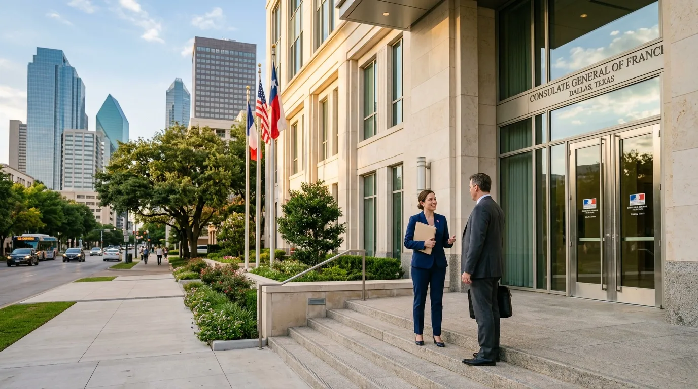 Deux professionnels discutent devant le consulat français à Dallas