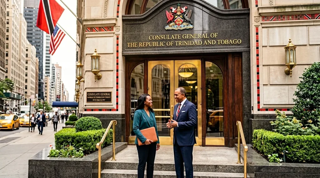 Deux professionnels devant le consulat général de Trinité-et-Tobago à New York