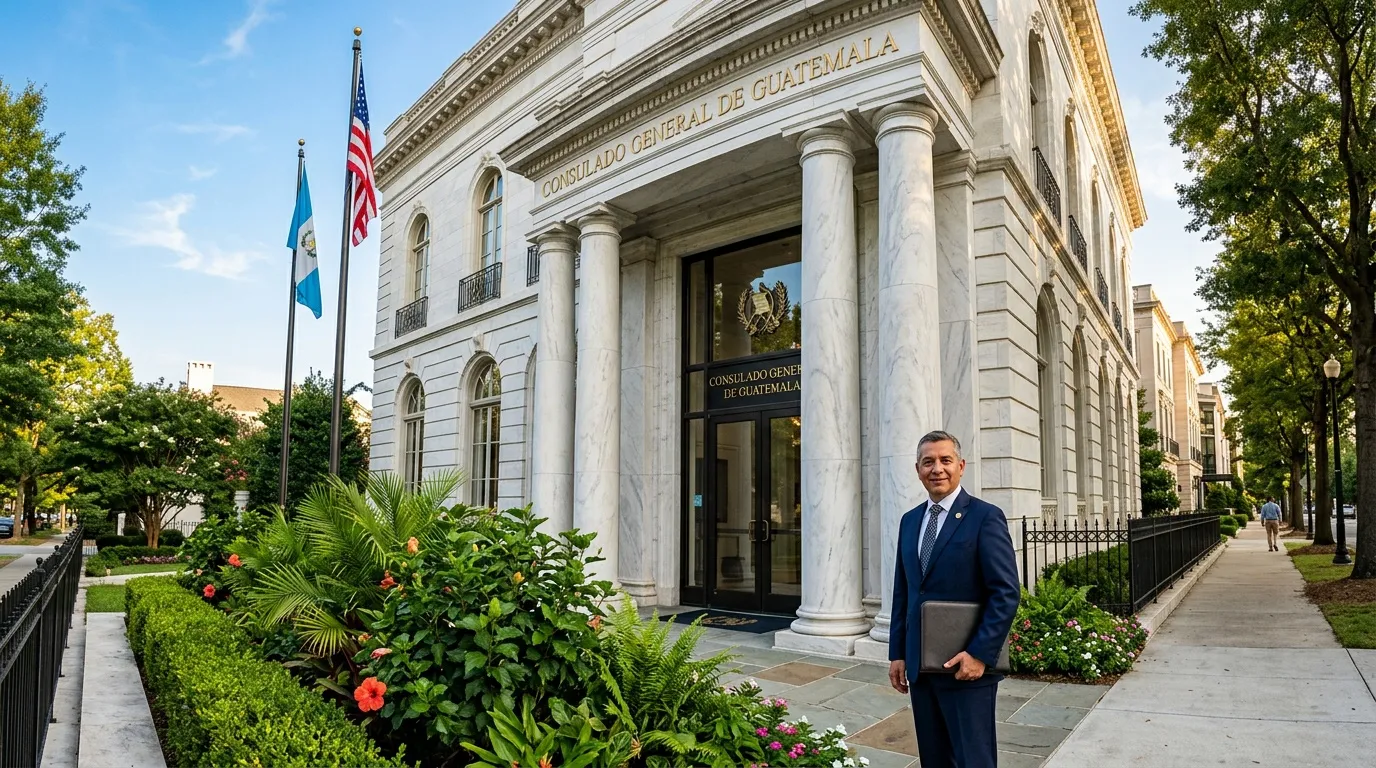 Homme devant bâtiment consulaire blanc avec colonnes et drapeaux