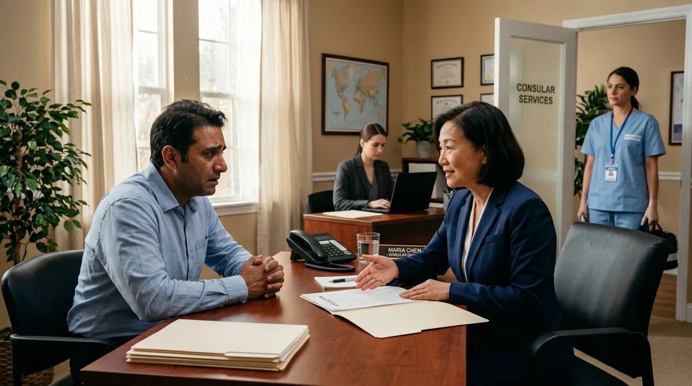 Homme en entretien avec fonctionnaire dans bureau consulaire