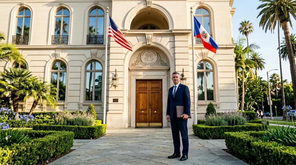 Homme en costume bleu devant bâtiment officiel avec drapeaux