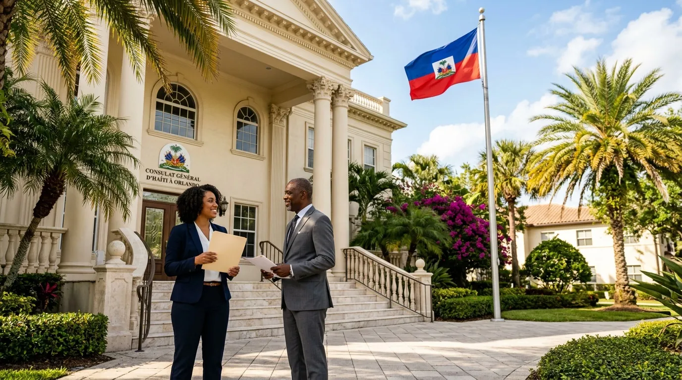 Deux professionnels discutent devant un bâtiment consulaire haïtien