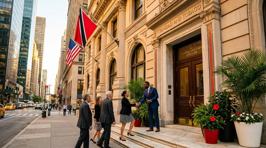 Diplomates se saluant devant consulat Trinidad Tobago Manhattan