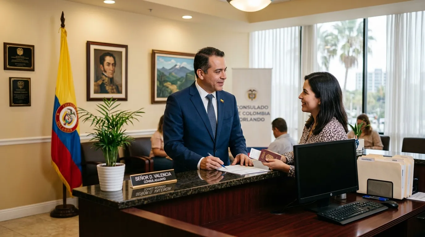 Homme en costume et femme discutent au bureau consulaire colombien