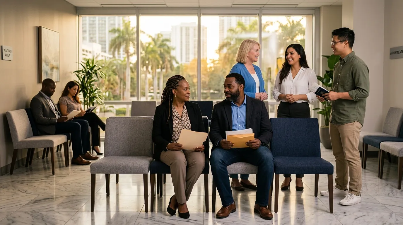 Groupe de personnes attendant des entretiens dans un bureau moderne