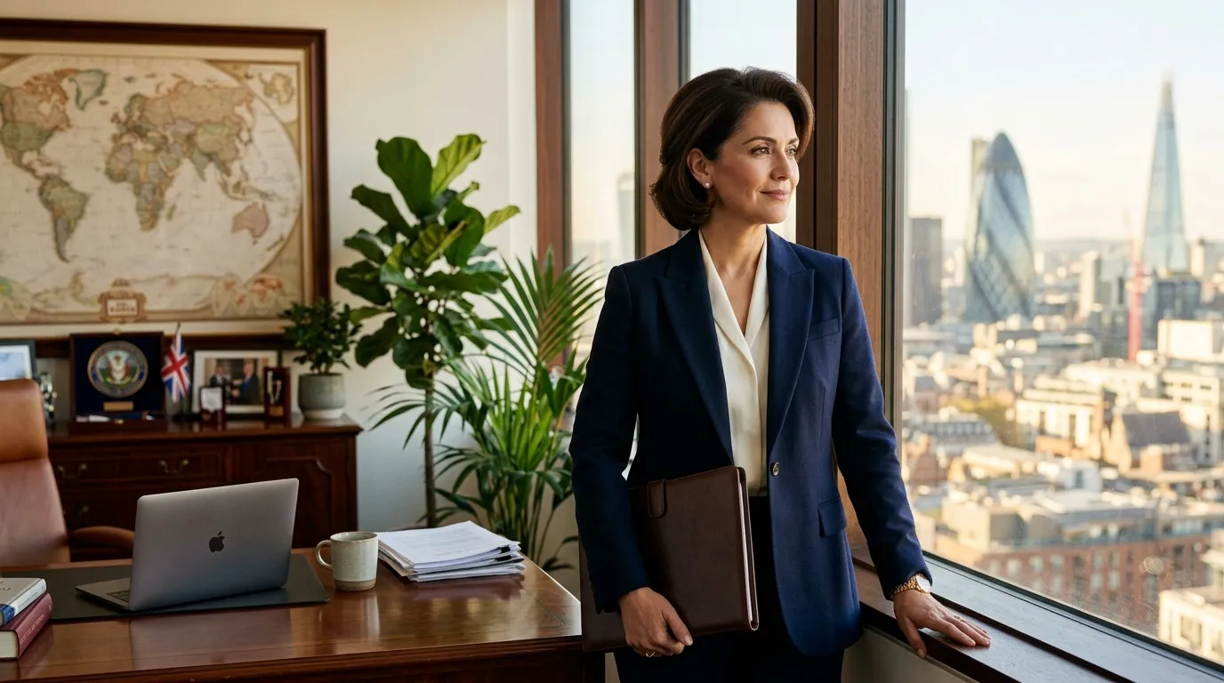 Femme en costume bleu regardant par la fen&ecirc;tre d'un bureau moderne