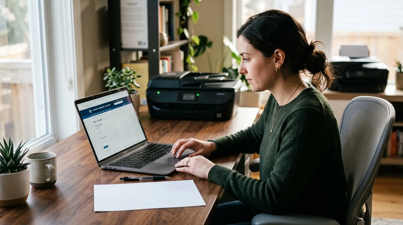 Femme en vert tapant sur laptop à son bureau