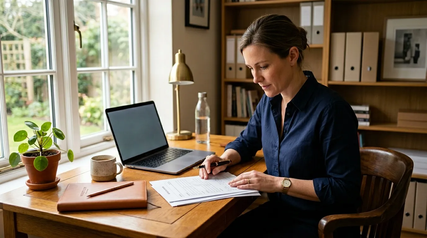 Femme en chemise bleue travaille sur documents et ordinateur portable