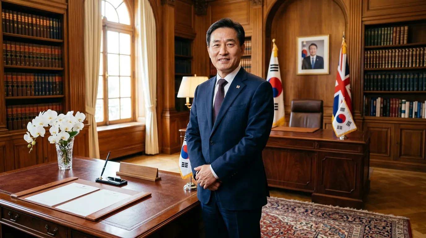 Homme en costume bleu dans bureau élégant avec drapeaux