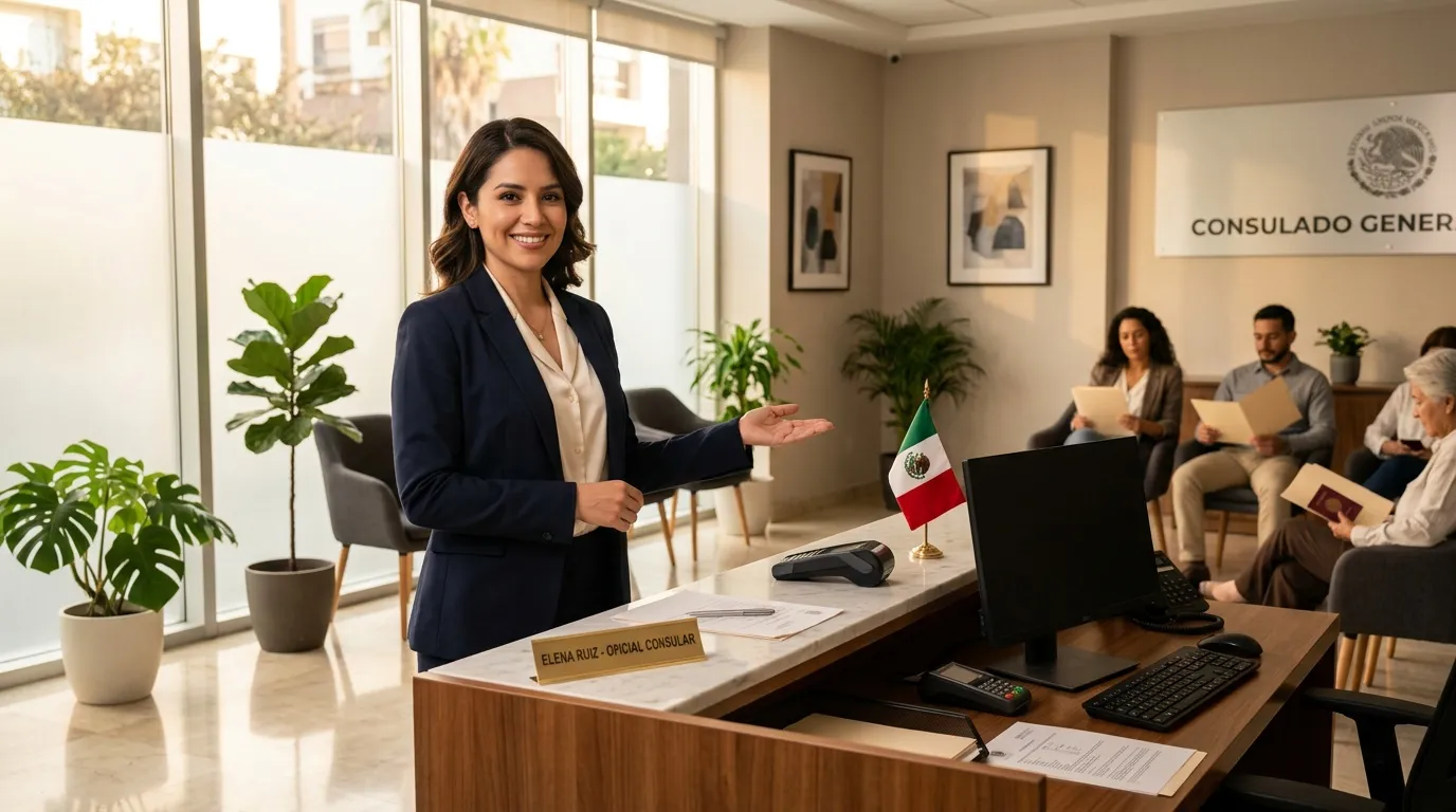 Femme en costume pr&eacute;sentant dans bureau consulaire mexicain