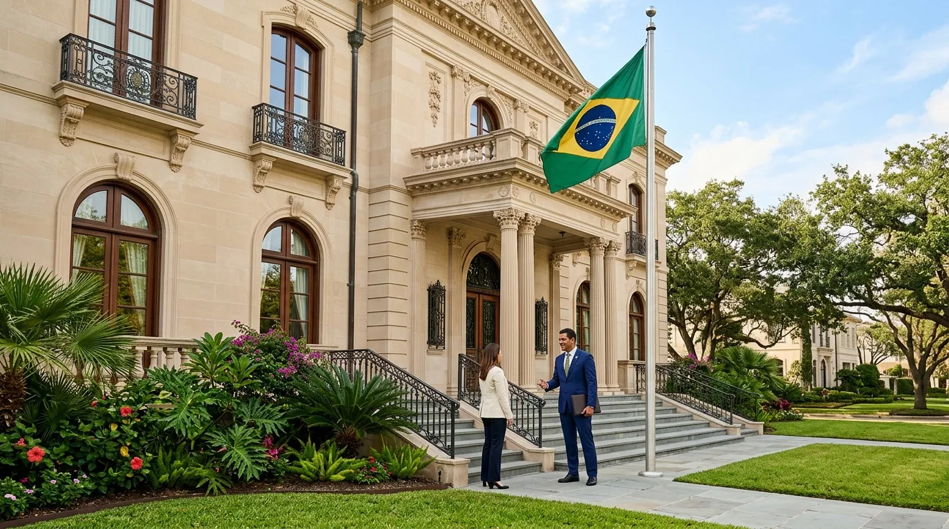 Deux hommes devant un palais classique avec drapeau brésilien