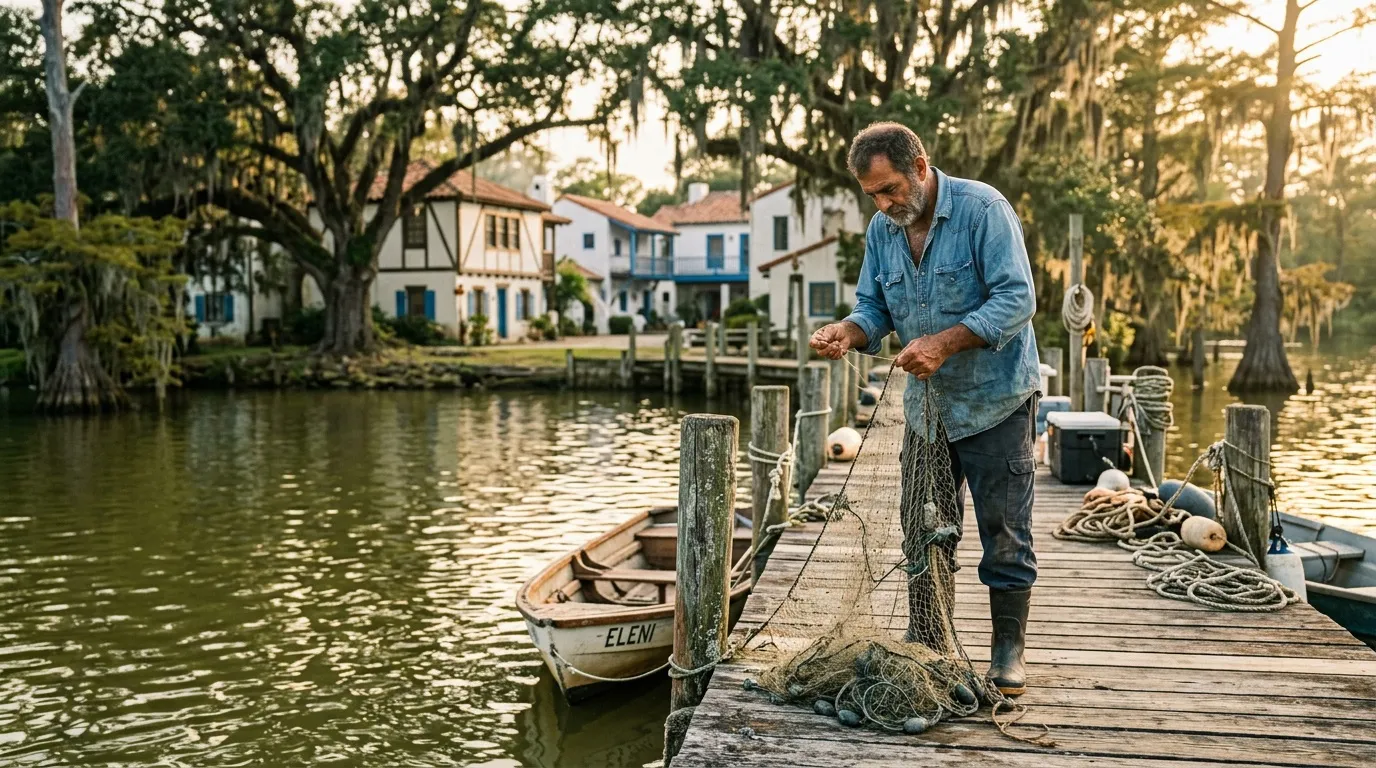 Homme réparant filet de pêche sur ponton en Louisiane