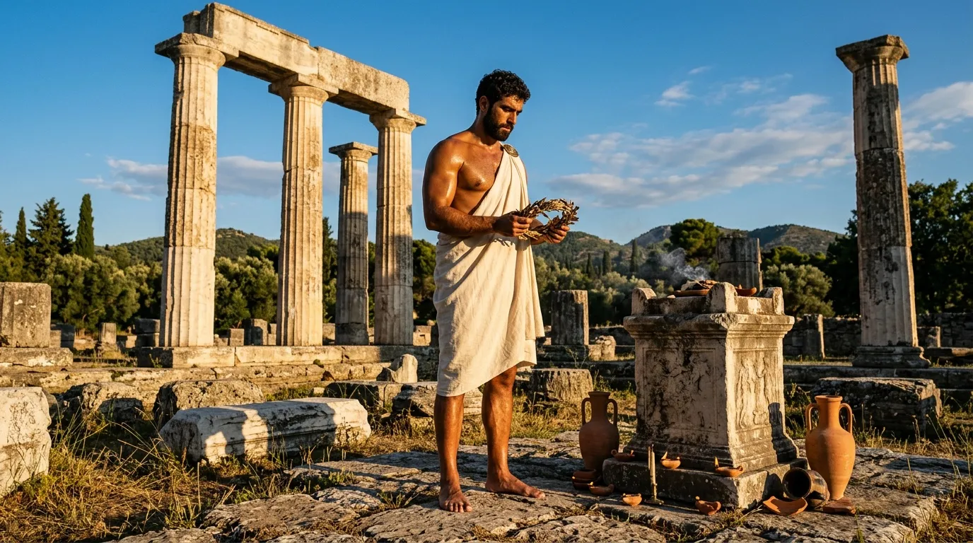 Homme en toge blanche tenant couronne laurier ruines grecques