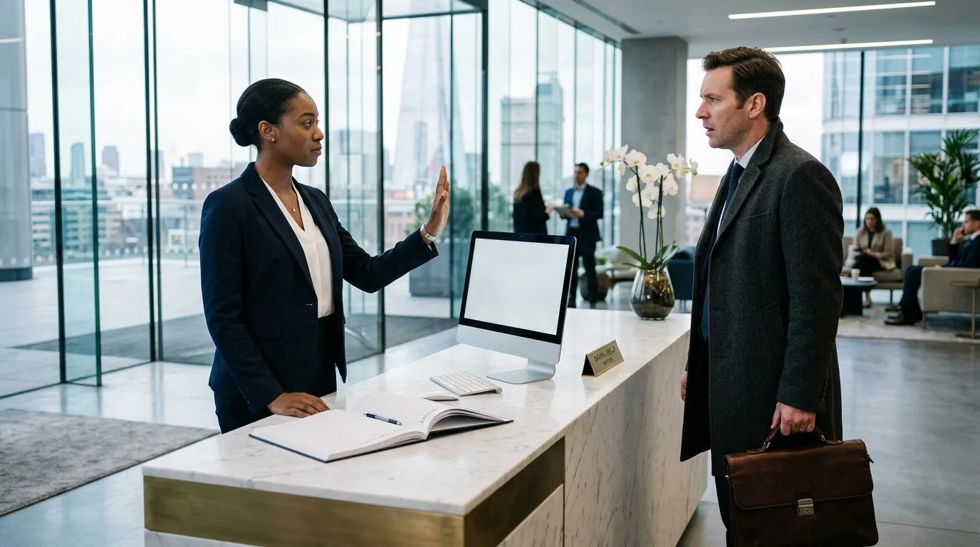 Femme réceptionniste accueille homme d'affaires à la réception