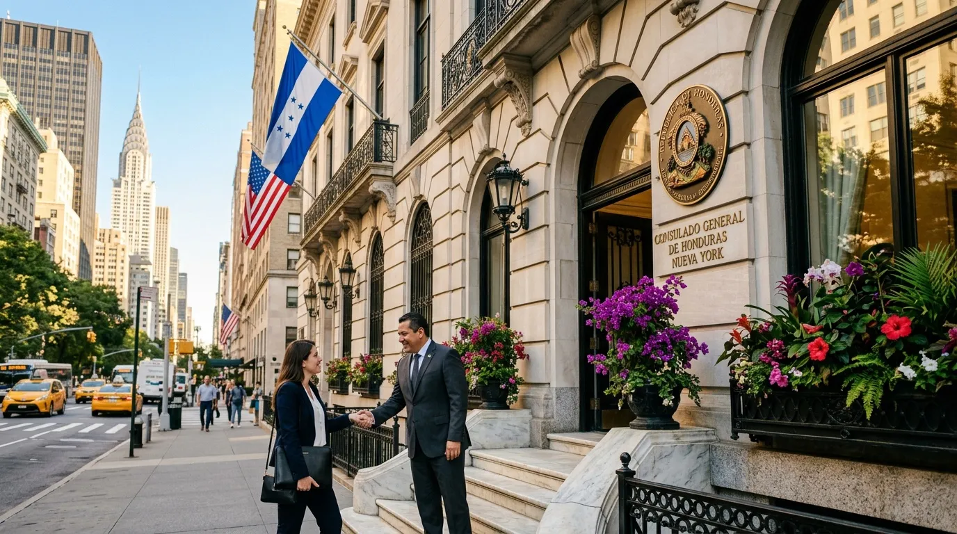 Deux hommes d'affaires se serrent la main devant un consulat à Manhattan.