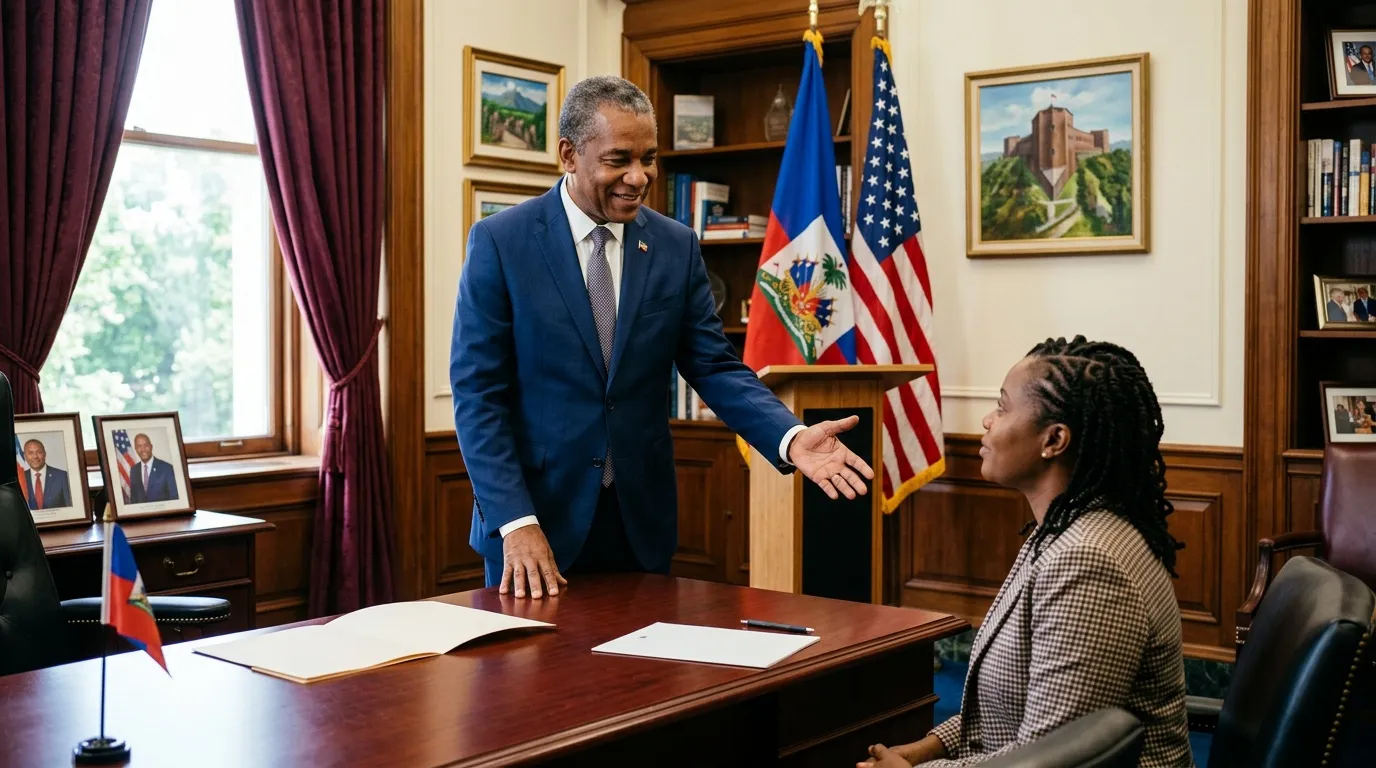 Un homme en costume bleu accueille une femme dans un bureau officiel