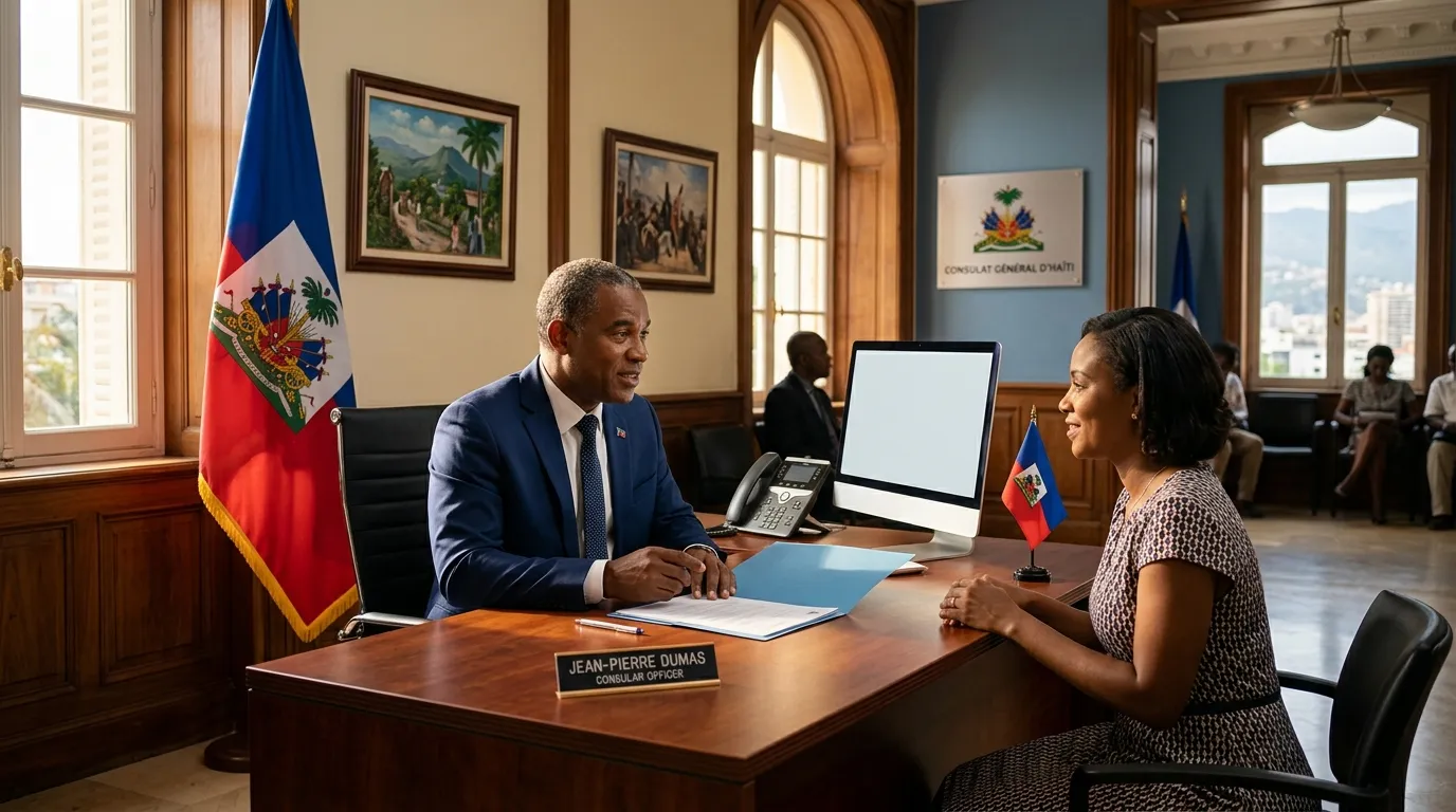 Consul ha&iuml;tien en entretien avec une femme dans son bureau