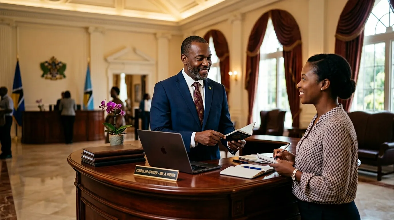 Consul en costume discute avec une femme à son bureau