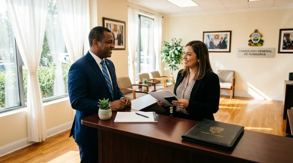 Deux professionnels discutent dans un bureau consulaire officiel