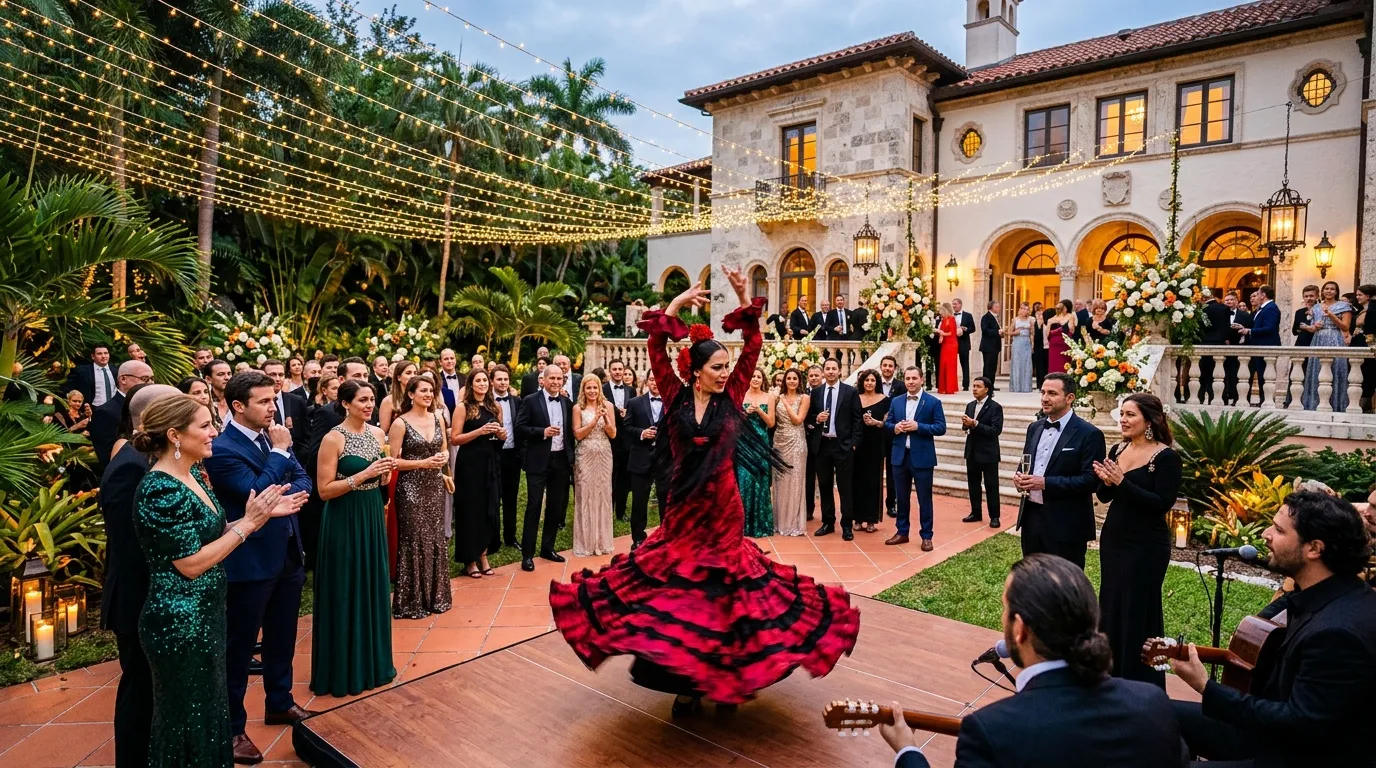 Danseuse en robe rouge dansant le flamenco devant des invit&eacute;s &eacute;l&eacute;gants