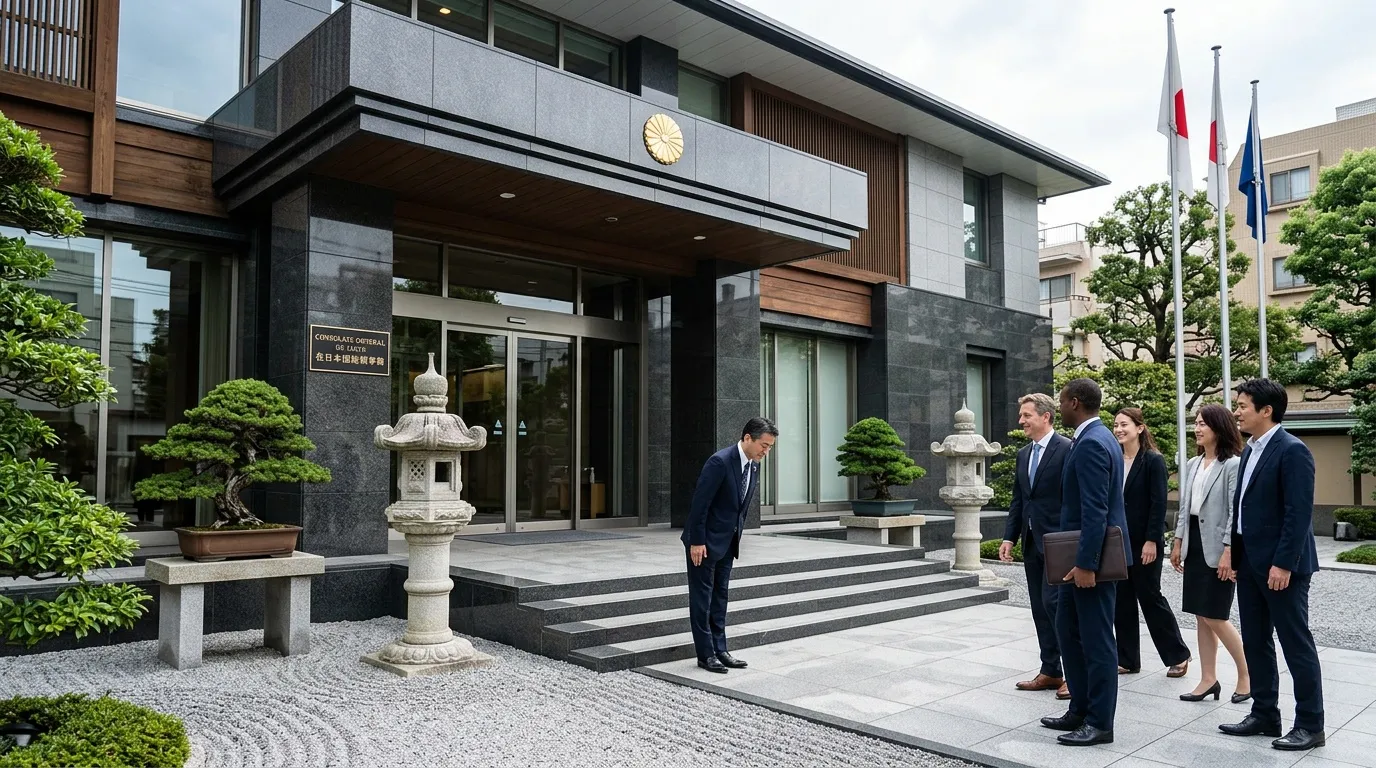 Diplomates devant bâtiment consulaire moderne avec drapeaux